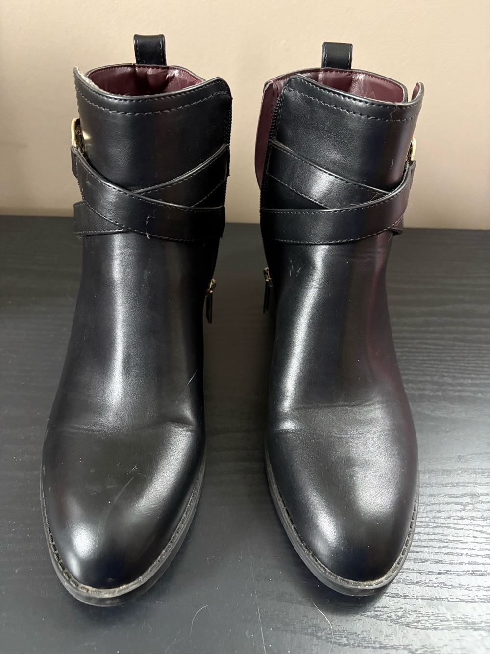 Black Faux Leather Ankle Booties with Wrap Strap